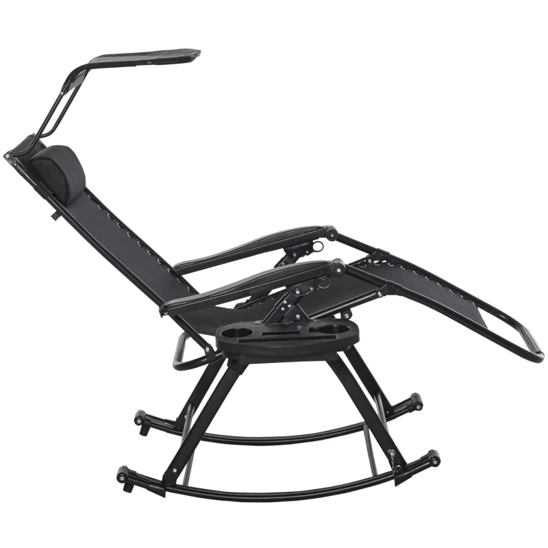 Outsunny Silla Mecedora de Jardín Plegable Tumbona Reclinable con Techo Protección Solar Reposacabezas Extraíble y Reposapiés Estructura de Acero 120x67x102 cm Negro