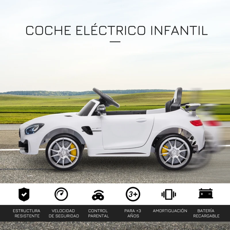 HOMCOM Coche Eléctrico para Niños Mercedes GTR Coche de Batería para Niños de +3 Años 12V Mando a Distancia 105x58x45 cm Blanco