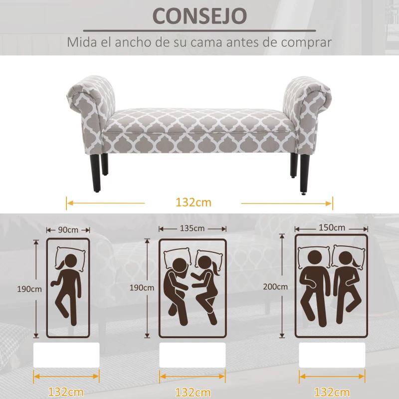 HOMCOM Banco Pie de Cama Banqueta para Dormitorio con Brazos Tapizada y Patas de Madera para Recibidor Salón 132x45,5x58 cm Gris Estampado