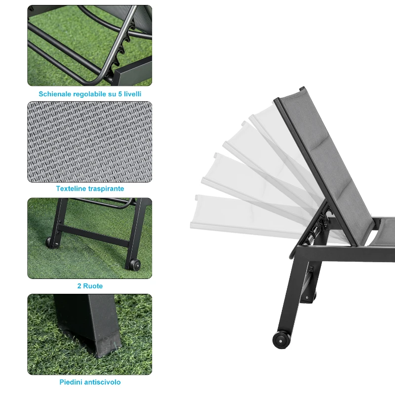 Outsunny Sdraio da Giardino Reclinabile su 5 Livelli Rivestimento Imbottito, Alluminio e Texteline, 72x168x102cm Grigio