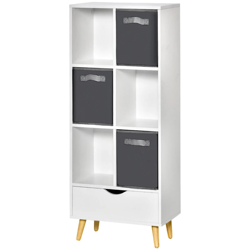 HOMCOM Modern Bookcase with 6 Cubes and Bottom Drawer, Bookshelf, Free Standing Display Cabinet, Storage Unit for Home, Office, Living Room, Study, White