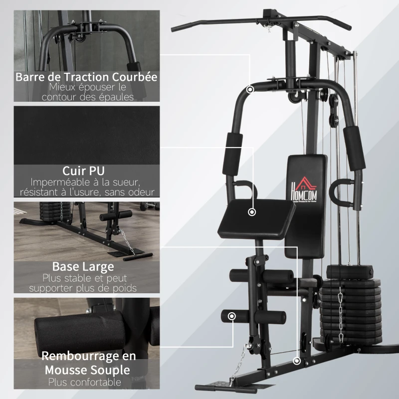 HOMCOM Station de musculation fitness avec 9 blocs de poids de 5 kg entrainement complet - dim.180L x 108l x 200H cm(m-7)