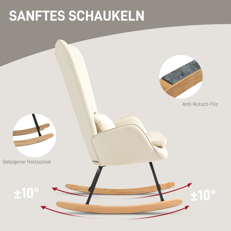 HOMCOM Schaukelstuhl, weicher Bezug in Samtoptik, mit Lendenkissen, bis 120 kg belastbar, 67 x 85 x 112 cm, Cremeweiß