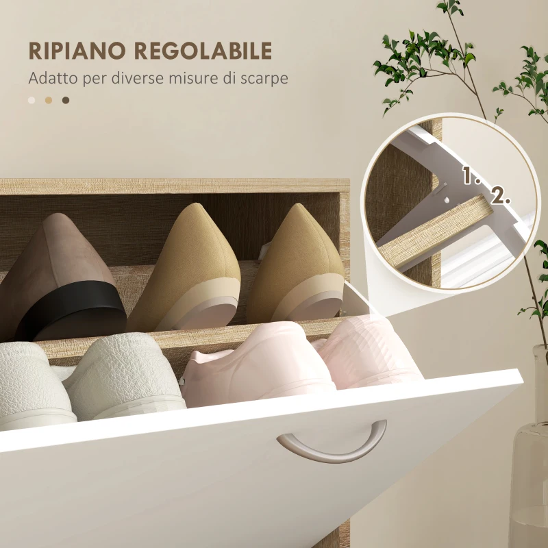 HOMCOM Mobile Appendiabiti 3 in 1 con Scarpiera e Specchio, Ganci e Cassetti, in Legno, 90x24x177 cm, Bianco e Quercia