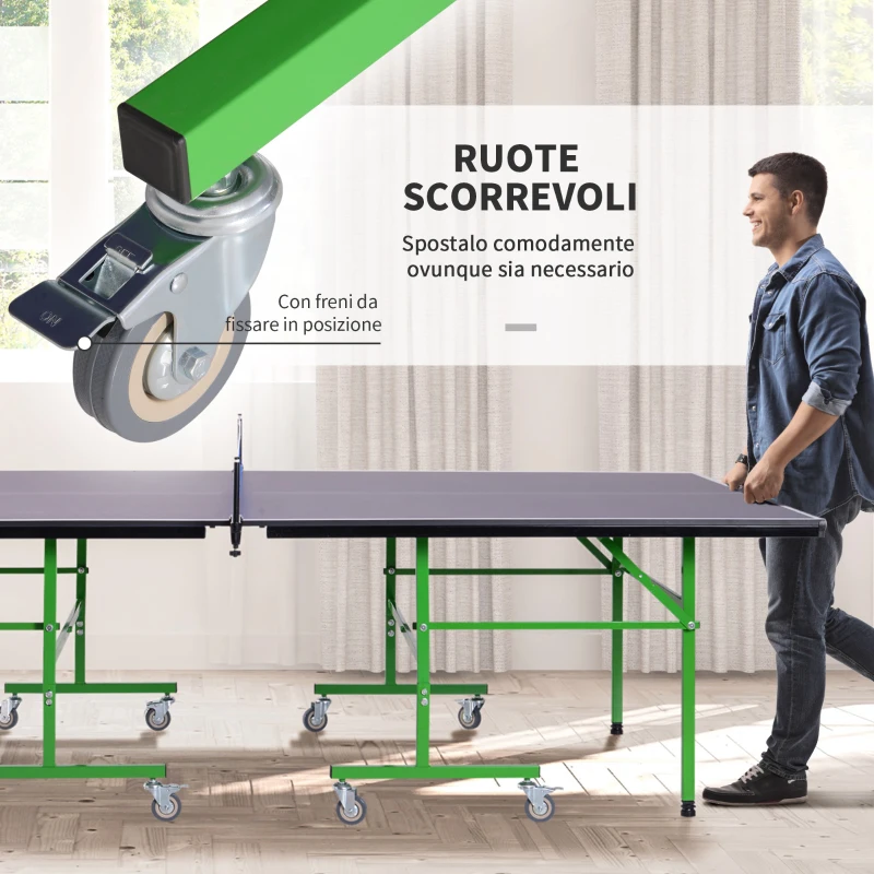HOMCOM Tavolo da Ping Pong Pieghevole Interno con 8 Ruote 152.5 × 274 × 76cm