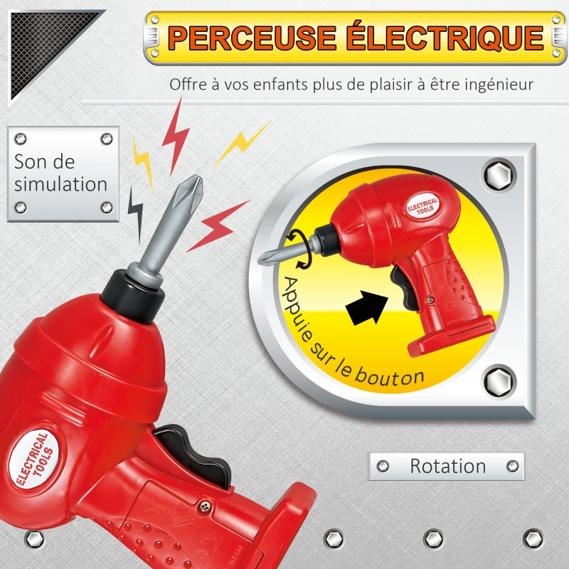 HOMCOM Etabli et Outils pour Enfant - Jeu d'imitation Bricolage - Nombreux Accessoires Total de 55 pièces & Outils variés - PP Rouge Gris