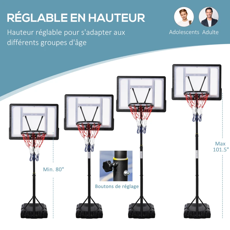 HOMCOM Panier de basket sur pied hauteur réglable de 203cm à 258 cm avec roulettes panneau arrière solide base de lestage noir