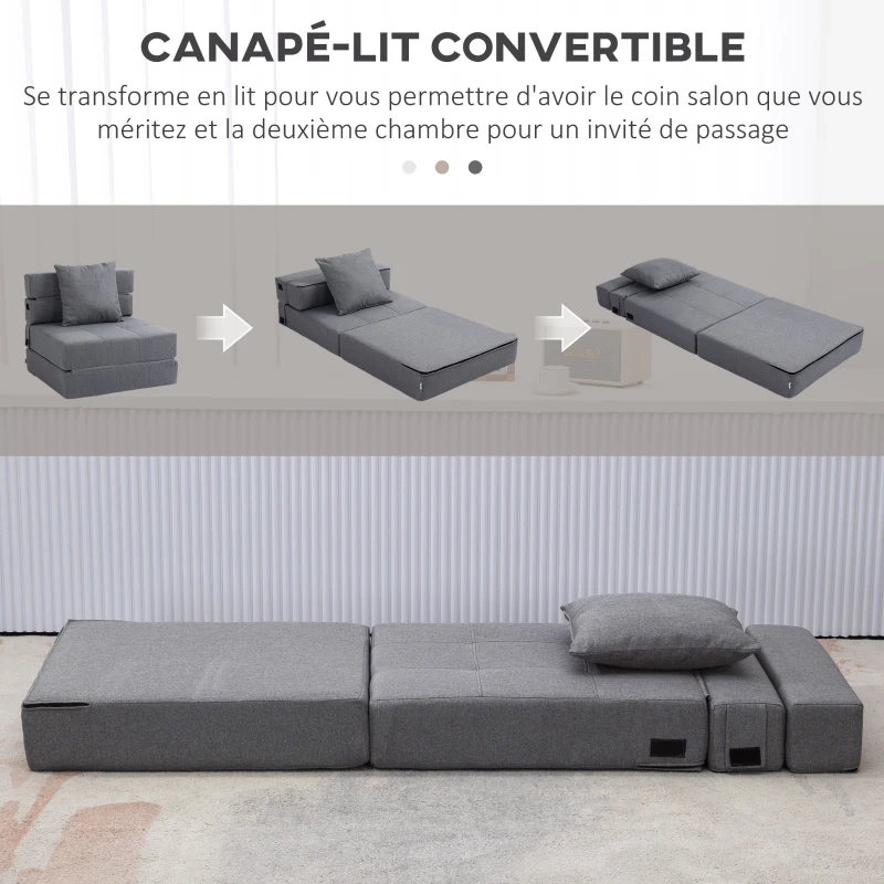 HOMCOM Chauffeuse canapé-lit convertible fauteuil 1 place avec 1 coussin déhoussable, tissu gris