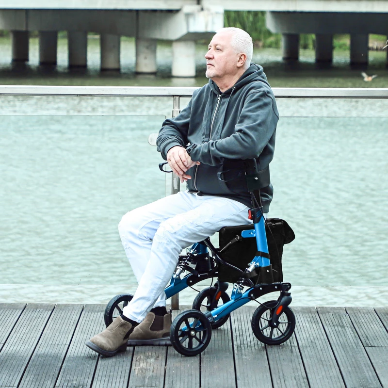 HOMCOM Folding Rollator Walker with Seat, Backrest, Lightweight Walking Frame with Storage Bag, Dual Brakes, Adjustable Handle Height, Suspension System, 4 Wheeled Walker for Seniors, Blue