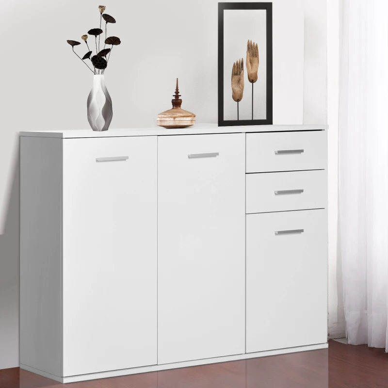 HOMCOM Armario de Cocina con 2 Puertas Buffet de Salón Moderno con 2 Cajones Estante Ajustable 106x35x76cm Blanco Brillante(m-7)