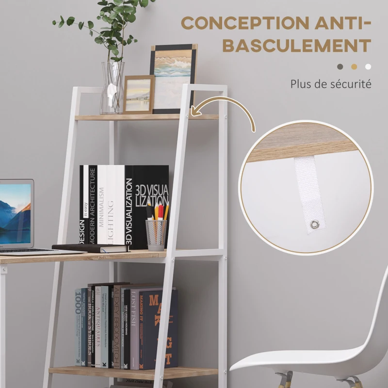 HOMCOM Bureau Pliable Rabattable - Bureau bibliothèque 2 en 1-4 étagères - Imitation Bois chêne Clair métal Blanc