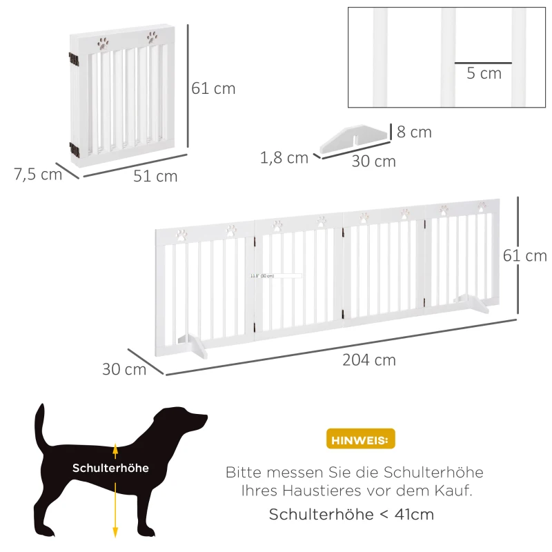 PawHut Hunde-Absperrgitter, Kiefernholz, beidseitig faltbar, Pfotenmuster, abnehmbare Füße, 204x30x61 cm, Weiß