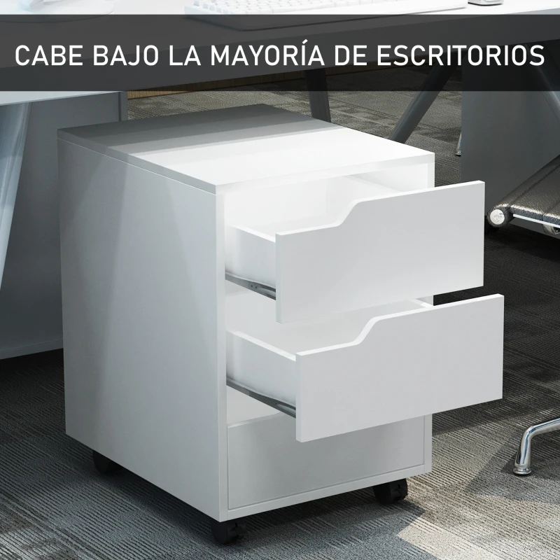 HOMCOM Cajonera de Oficina con Ruedas Mueble Archivador con 3 Cajones Cajonera para Escritorio Estudio 40x50x57,5 cm Blanco