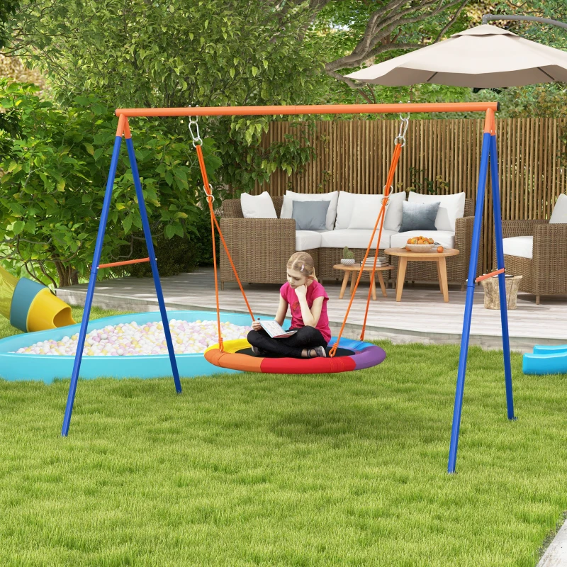 Outsunny Metal Kids Swing Set Nest Swing Seat with A-Frame Structure for Outdoor Use - Multicoloured