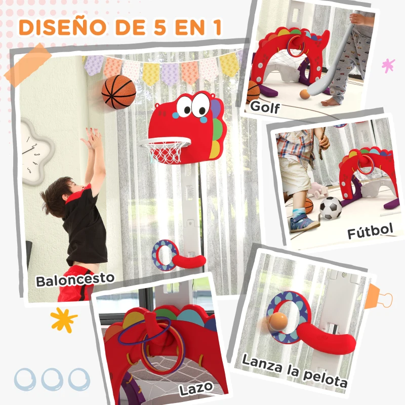 AIYAPLAY Canasta de Baloncesto para Niños Altura Ajustable con Fútbol Golf Lazo Juego de Lanzamiento de Pelota Rojo