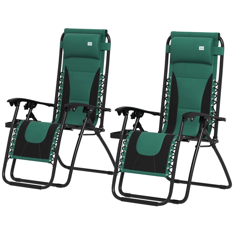Outsunny Zero Gravity Lounger Chair Set of 2, Folding Reclining Patio Chair with Padded Seat, Cup Holder, Soft Cushion and Headrest for Poolside, Camping, Green