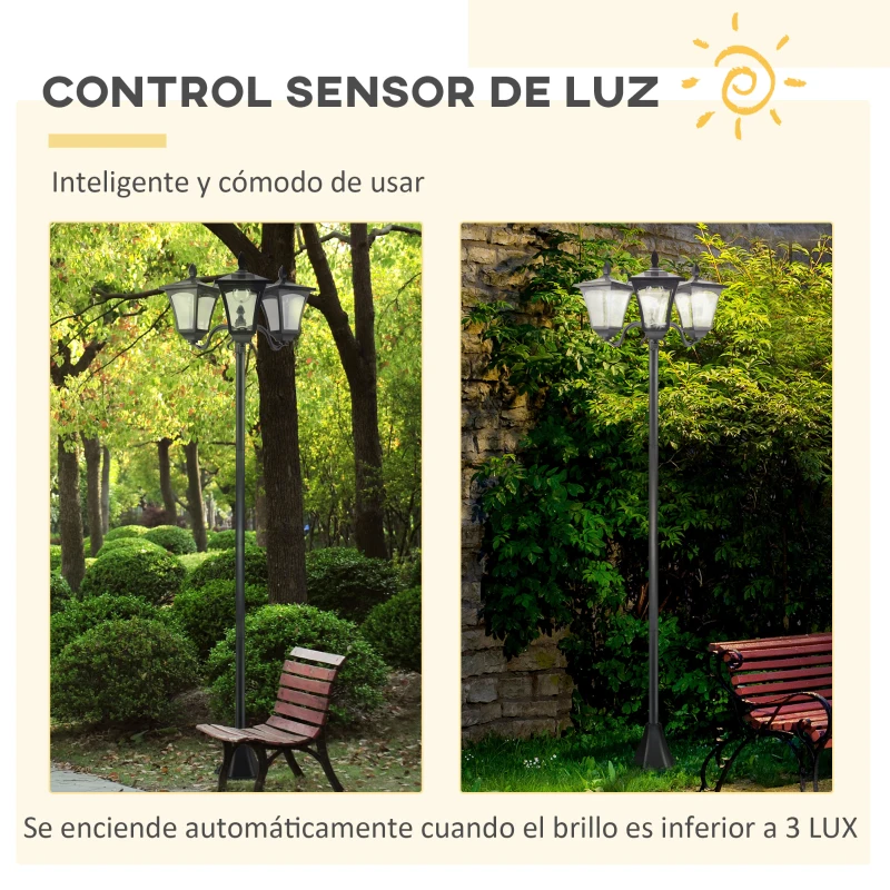 Outsunny Conjunto de 2 Farolas Solares de Exterior con 3 Luces LED Impermeable IP44 para Camino Terraza 51,5x47x182,5 cm Negro