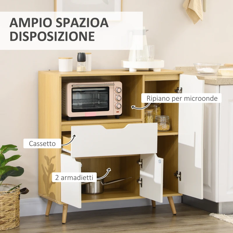 HOMCOM Mobiletto per Microonde con Ripiano Aperto, Armadietti e Cassetto, 90x40x98.5cm Bianco e Legno