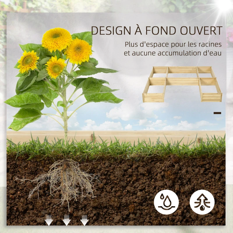 Outsunny Lot de 5 bacs jardinières potagers modulables pour extérieur en bois de sapin, dim. 230L x 230l x 28H cm bois naturel
