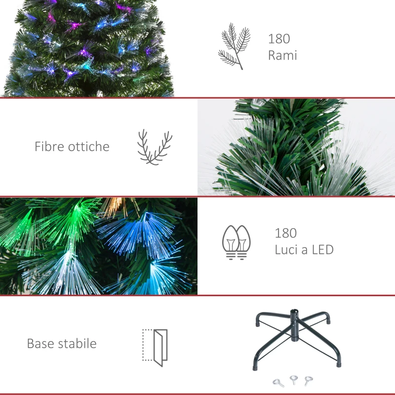 HOMCOM Albero di Natale 150cm con 180 Luci a LED e Fibre Ottiche Colorate, 180 Rami in PVC Ignifughi e Base in Metallo