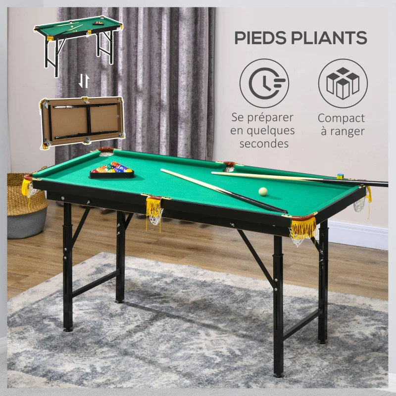 SPORTNOW Table de billard pliable hauteur réglable avec accessoires 2 queues, 16 boules, 2 craies, triangle, brosse, vert