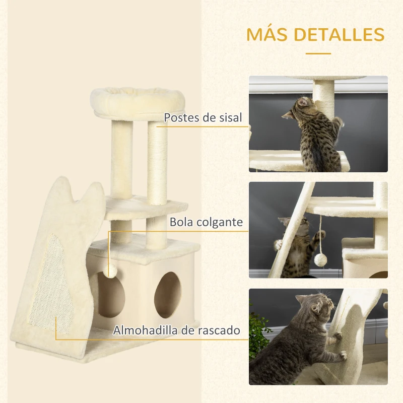 PawHut Árbol Rascador para Gatos Pequeños Altura 83cm Torre para Gatos con Cama Cueva y Bola Colgante 60x30x83 cm Beige