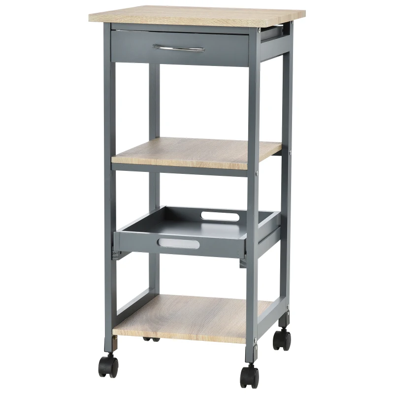 HOMCOM Chariot de service desserte de cuisine à roulettes 2 étagères + plateau amovible + tiroir bois de pin MDF gris chêne clair