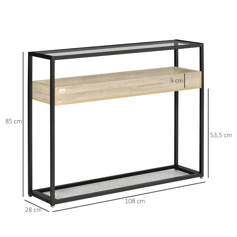 HOMCOM Mesa Consola de Entrada 108x28x85 cm Mueble Recibidor con Encimera de Cristal Estante y Rejilla Inferior Marco de Acero para Pasillo Salón Extremo del Sofá Negro