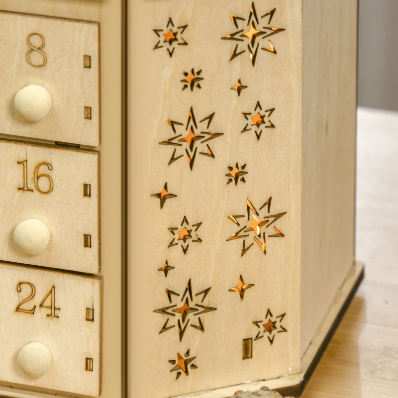 HOMCOM Adventskalender Weichnachtsdekoration Weihnachtsdeko, 24 Schubladen, LED-Lichter, 39 cm x 9 cm x 42 cm, Weiß + Grün