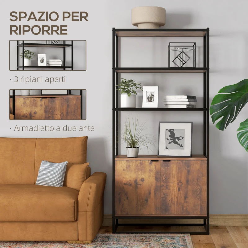 HOMCOM Scaffale Libreria in Stile Vintage con 3 Ripiani, 1 Armadietto in Legno e Telaio in Metallo Nero 76x33x162.5cm