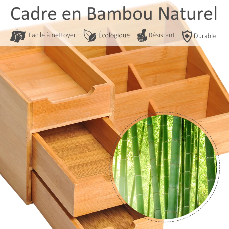 HOMCOM Boite de Rangement de Bureau - Organiseur de Bureau - 7 Compartiments, 2 tiroirs - Bambou Verni, Bambou