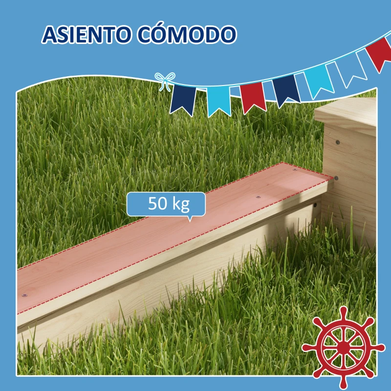 Outsunny Arenero Infantil con Toldo Volante Juguetes de Cocina y Forma de Barco Pirata para Patio Jardín 180x103x144,5 cm Natural