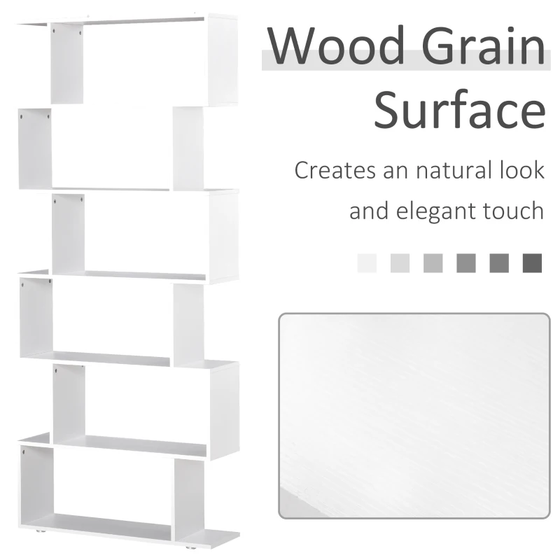 HOMCOM S Shape Wooden 6-tier Bookshelf Open Concept Bookcase Storage Display Unit for Home Office Living Room, White