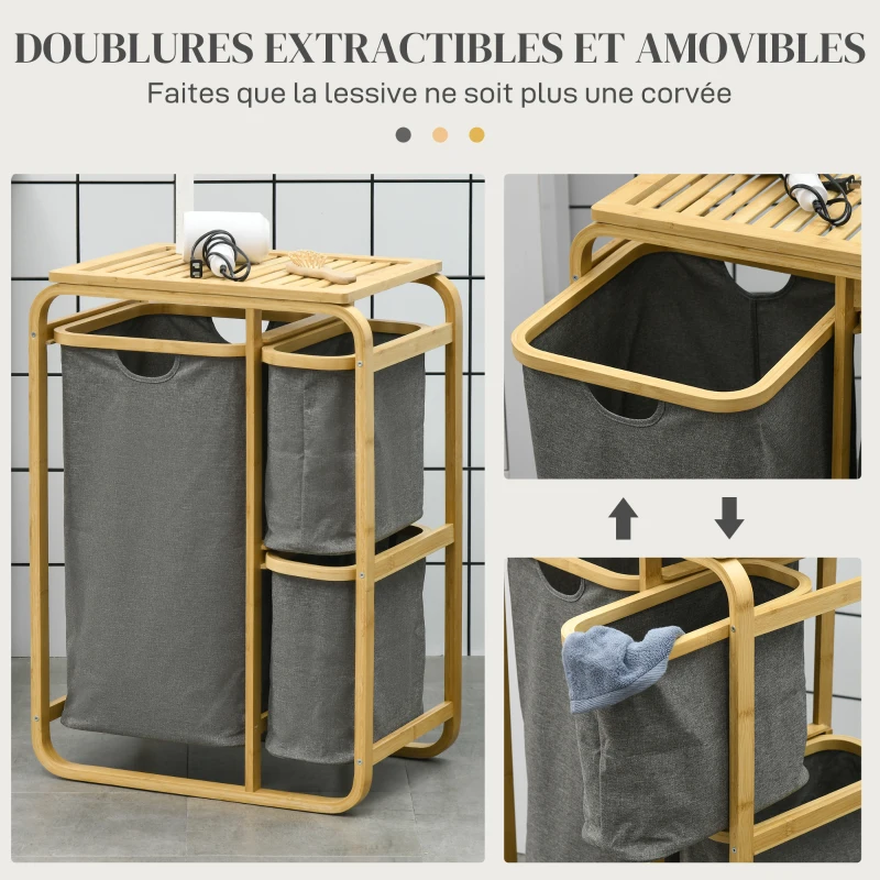 HOMCOM Panier à linge panier de rangement corbeille à linge bac linge sale en bambou 3 paniers - 49l x 33P x 70H cm gris