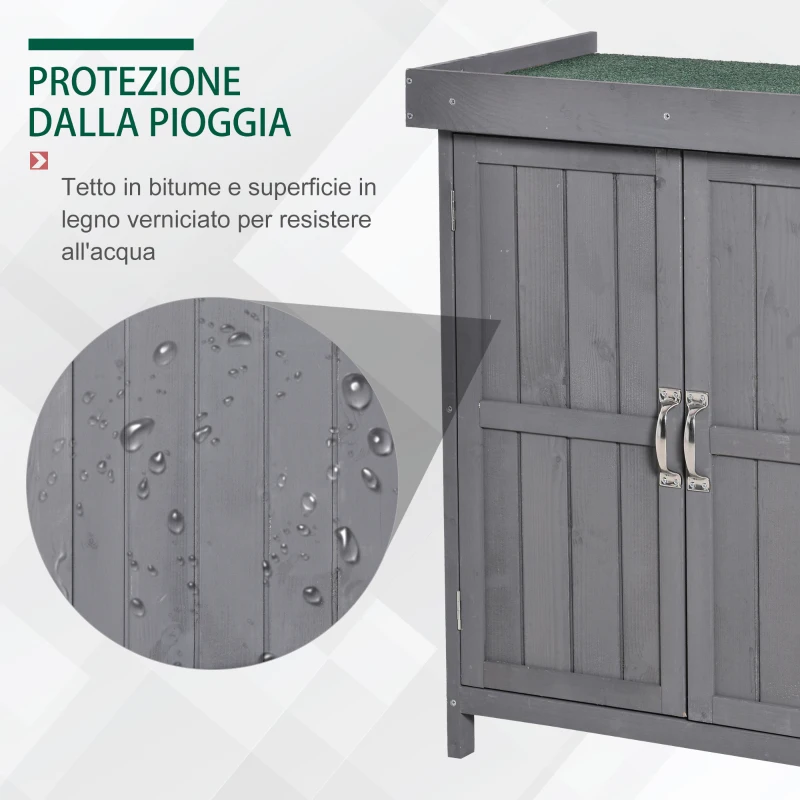 Outsunny Armadio da Giardino a 2 Ripiani in Legno di Abete con Tetto Apribile, 74x43x88 cm, Grigio Scuro