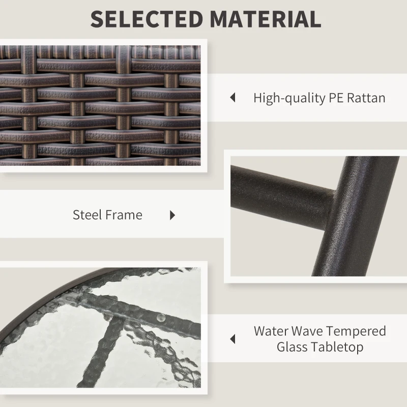 Outsunny Set da Giardino da 3 Pezzi con 2 Sedie e Tavolo Rotondo Pieghevoli, Piano in Vetro Temperato, in Rattan Sintetico, Color Cioccolato