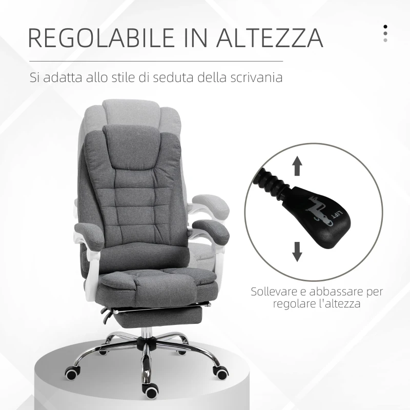 Vinsetto Sedia da Ufficio Reclinabile con Poggiapiedi Retrattile e Schienale Alto in Tessuto, Grigio