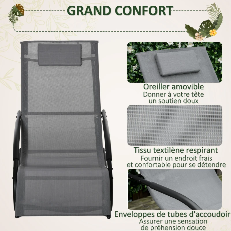 Outsunny Chaise longue à bascule rocking chair ergonomique avec tétière accoudoirs métal galvanisé textilène Gris