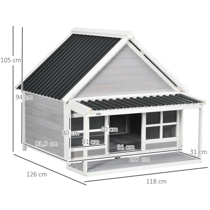 PawHut Hundehütte mit Veranda, wetterbeständig, behandeltes Tannenholz, 3 Fenster, Hellgrau + Weiß