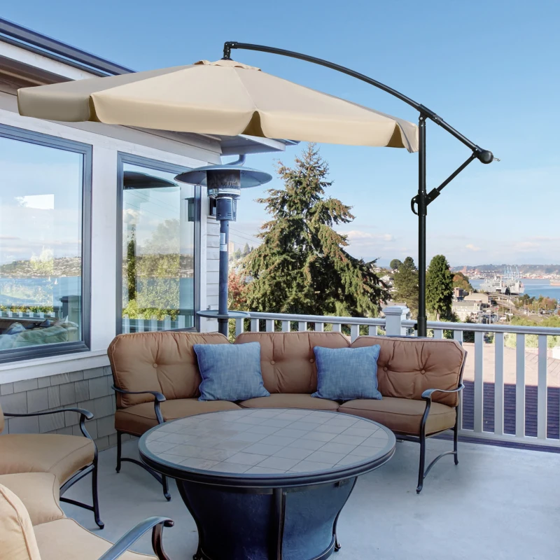 Outsunny Sombrilla de Jardín Ø265 cm Parasol Excéntrico con Techo Inclinable Manivela 8 Costillas de Metal y Base Cruzada Protección Solar para Terraza Balcón Exterior Marrón Claro