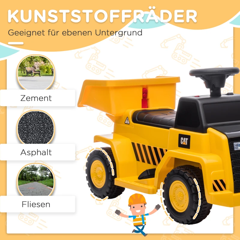 HOMCOM Elektro-Kipplaster für Kinder, kippbare Ladefläche, max. 3 km/h, Scheinwerfer, Hupe, gelb, 74,5 x 36 x 43,5 cm