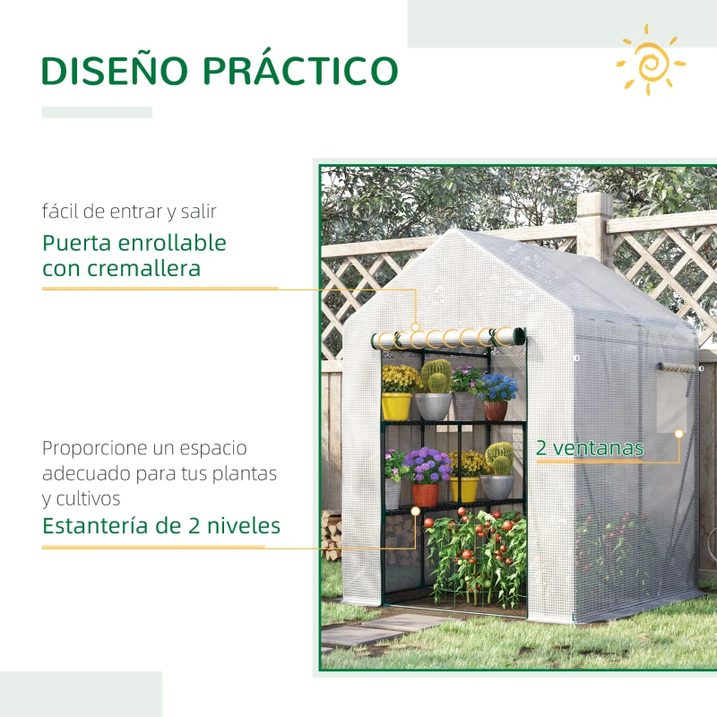 Outsunny Invernadero de Jardín 143x143x195 cm Vivero Casero de Acero con 4 Estantes Puerta y 2 Ventanas Enrollables para Cultivos Plantas Macetas Flores Patio Exterior Blanco