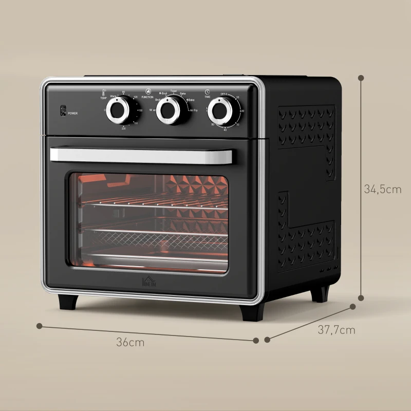 HOMCOM Minibackofen, 20L, 5 Funktionen, 360° Heißluft, Grillrost, Krümelblech, Schwarz(m-3)