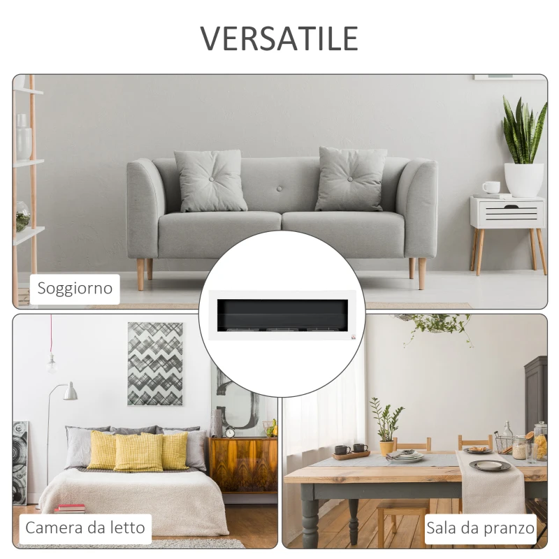 HOMCOM Camino a Bioetanolo da Parete con 3 Serbatoi da 1L e Copertura 20m², in Acciaio e Vetro, 120x15x40 cm, Bianco