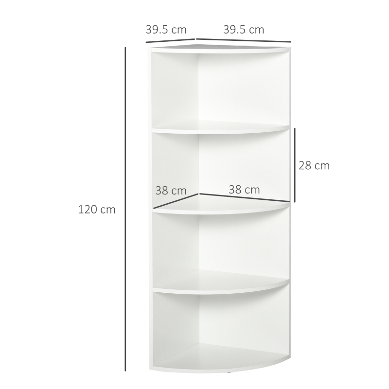 HOMCOM 4-Tier Corner Open Shelf Bookcase Fan Bookshelf Plants Stand Wood Freestanding Unit, 40x40x120cm, White