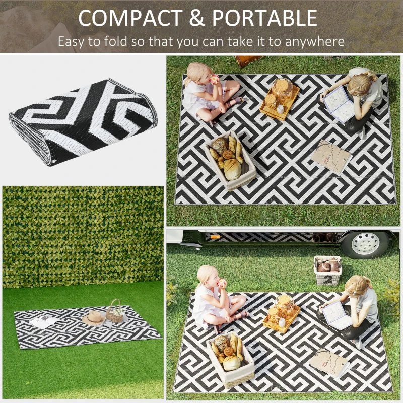 Outsunny Outdoor Rug Reversible Mat Plastic Straw Rug Portable RV Camping Mat for Garden Deck Picnic Indoor, 121 x 182 cm (4 x 6 ft), Black & White