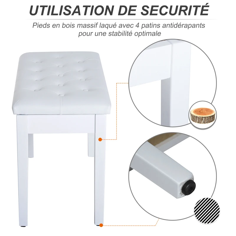 Homcom Banquette pour Piano Simili Cuir et Bois Blanc 76 x 36 x 50 cm