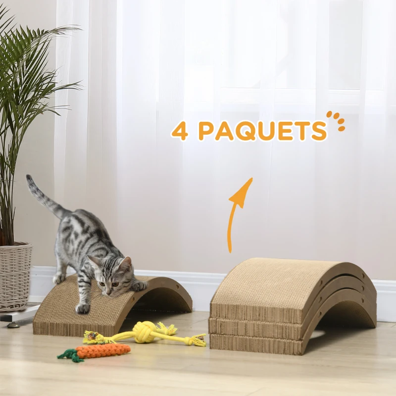 PawHut Lot de 4 planches à gratter réversibles pour chat en carton ondulé double face  55 x 25,5 cm marron