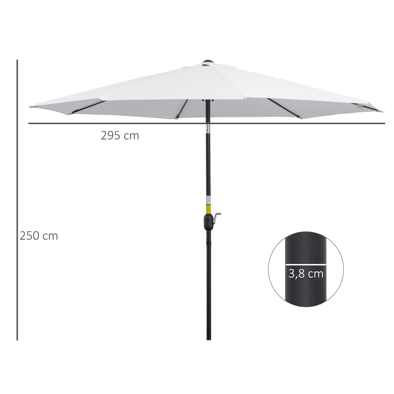 Outsunny Parasol de jardin extérieur Parasol droit inclinable Ø 3 m en métal Rond Polyester 180g/m² manivelle inclinable Blanc