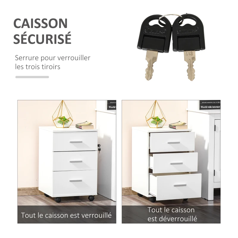 HOMCOM Caisson de Bureau Rangement Bureau sur Roulettes 3 Tiroirs Verrouillables 40 x 40 x 61,5 cm Blanc